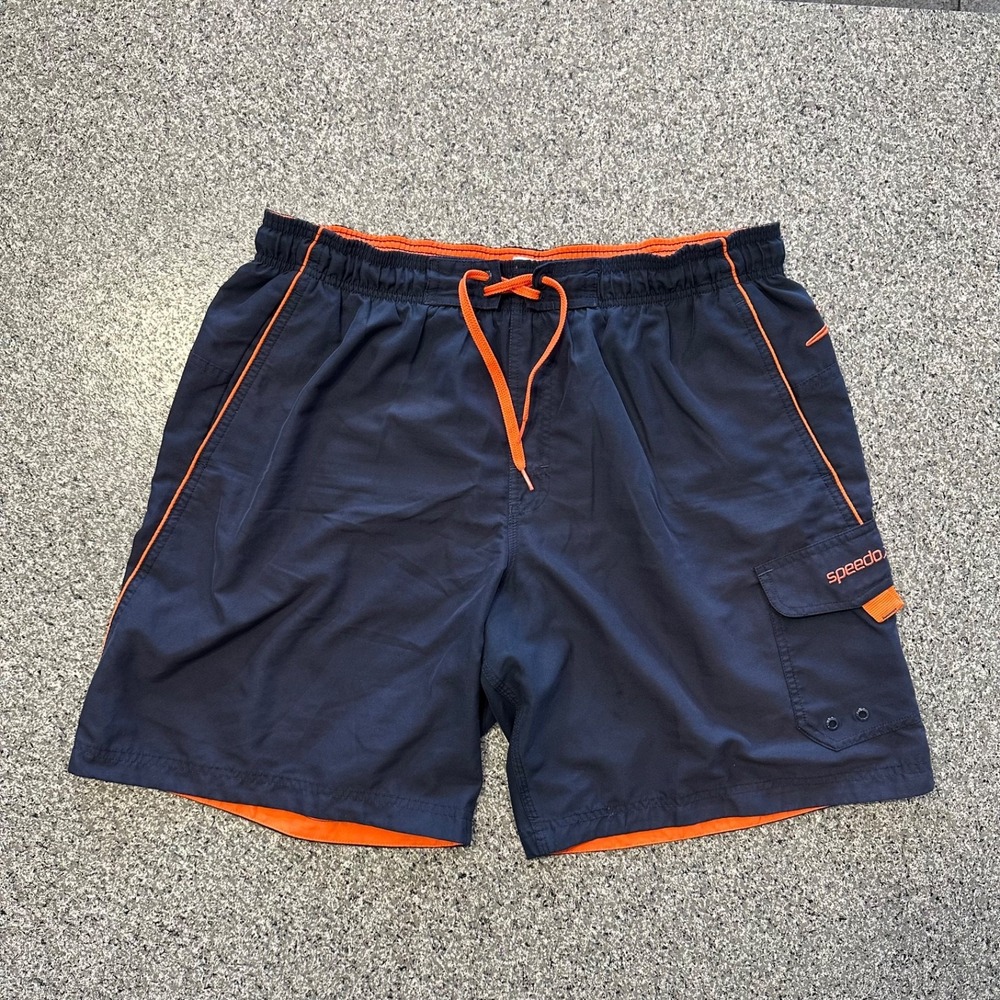 Speedo Marina Volley Swim Trunks Mens L Shorts Navy Orange Cargo Pocket 19"